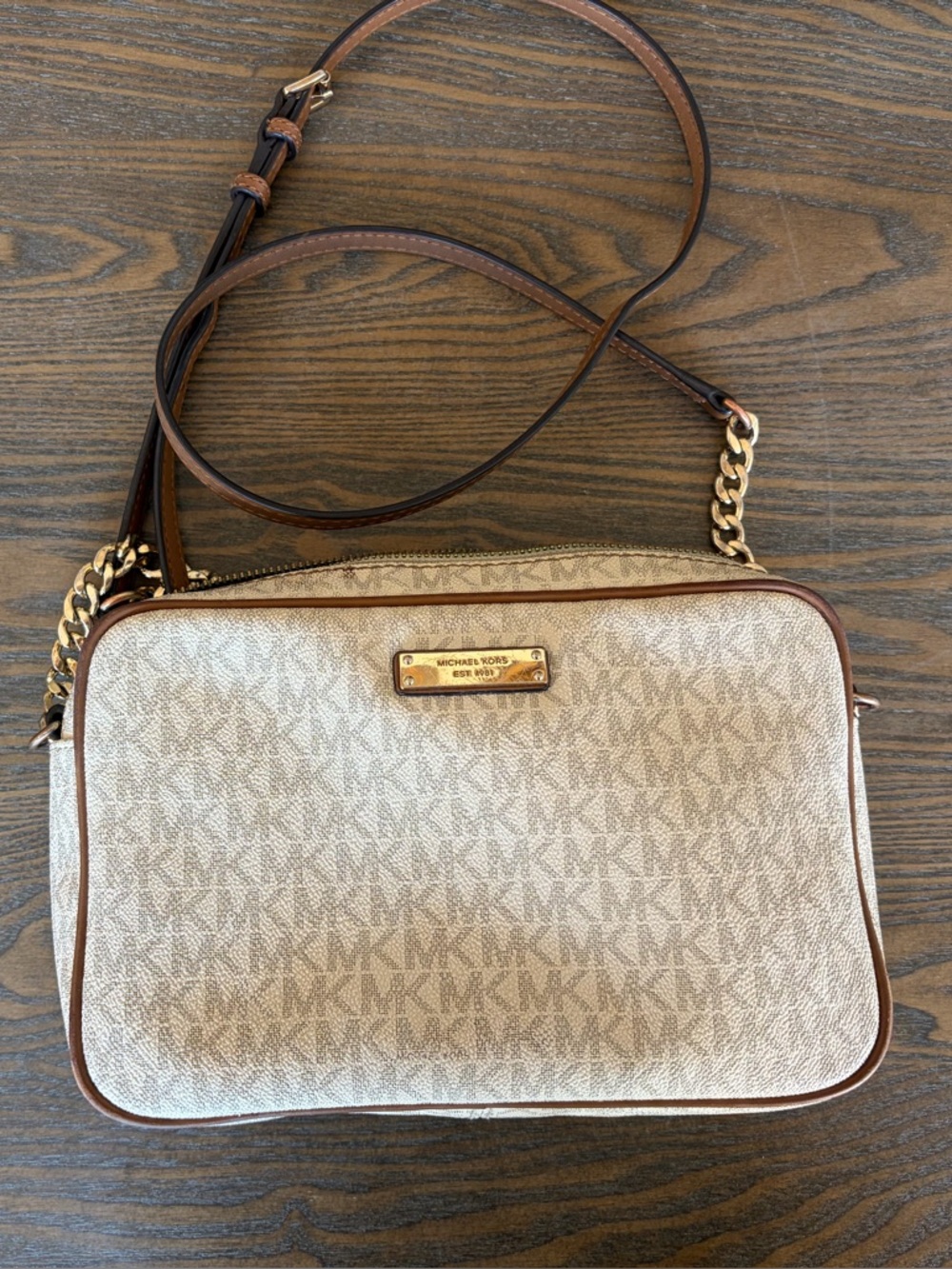 Michael Kors Beige Logo Crossbody Bag with Brown Trim and Gold Hardware